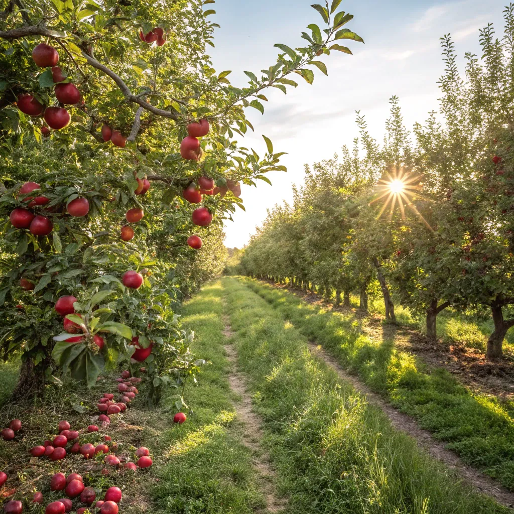 An apple orchard with sunlight